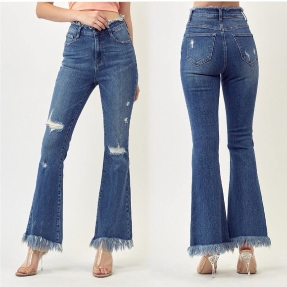 Risen Jeans Denim - Risen High Rise Flare Jeans Frayed Hem Blue